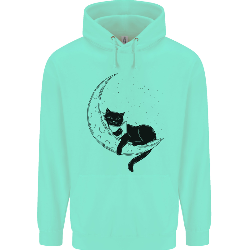 A Cat Reading a Book on the Moon Childrens Kids Hoodie Peppermint