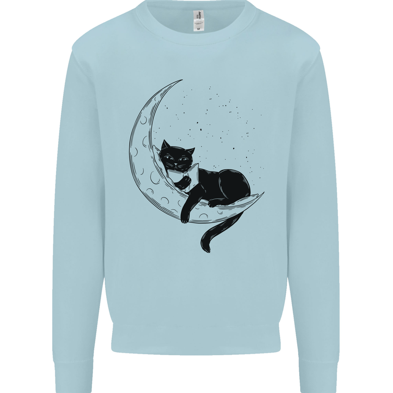 A Cat Reading a Book on the Moon Kids Sweatshirt Jumper Light Blue