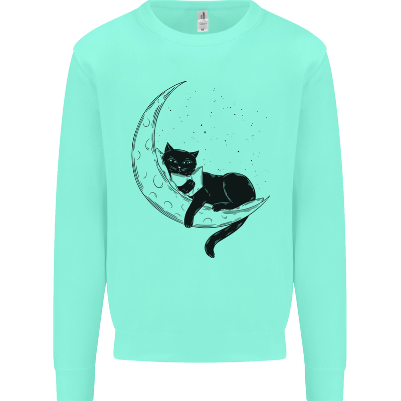 A Cat Reading a Book on the Moon Kids Sweatshirt Jumper Peppermint