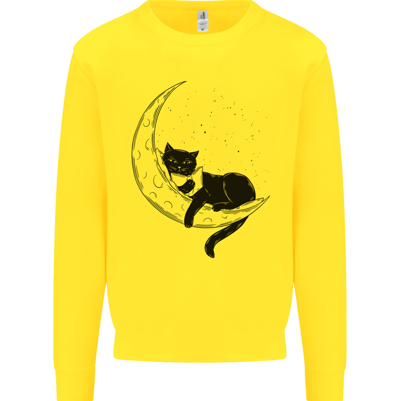 A Cat Reading a Book on the Moon Kids Sweatshirt Jumper Yellow