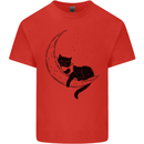 A Cat Reading a Book on the Moon Kids T-Shirt Childrens Red