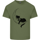 A Cat Reading a Book on the Moon Mens Cotton T-Shirt Tee Top Military Green