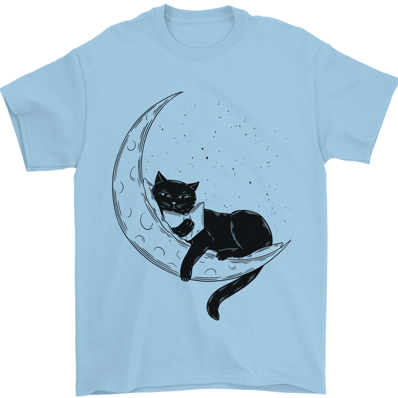 A Cat Reading a Book on the Moon Mens T-Shirt 100% Cotton Light Blue