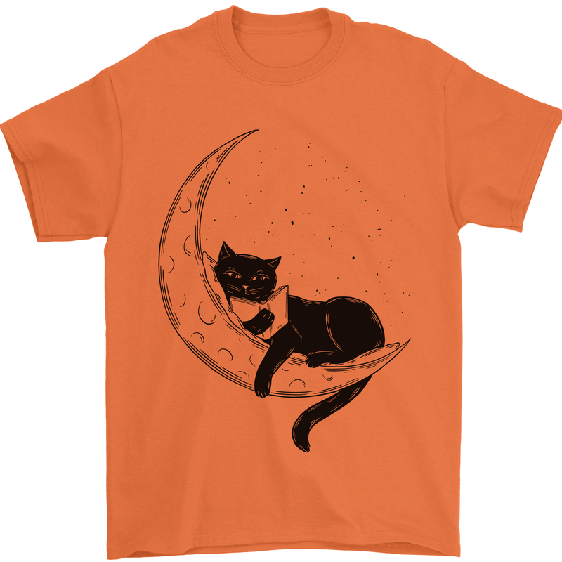 A Cat Reading a Book on the Moon Mens T-Shirt 100% Cotton Orange