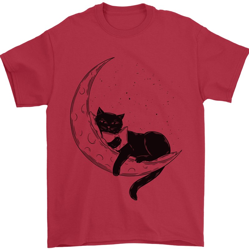 A Cat Reading a Book on the Moon Mens T-Shirt 100% Cotton Red
