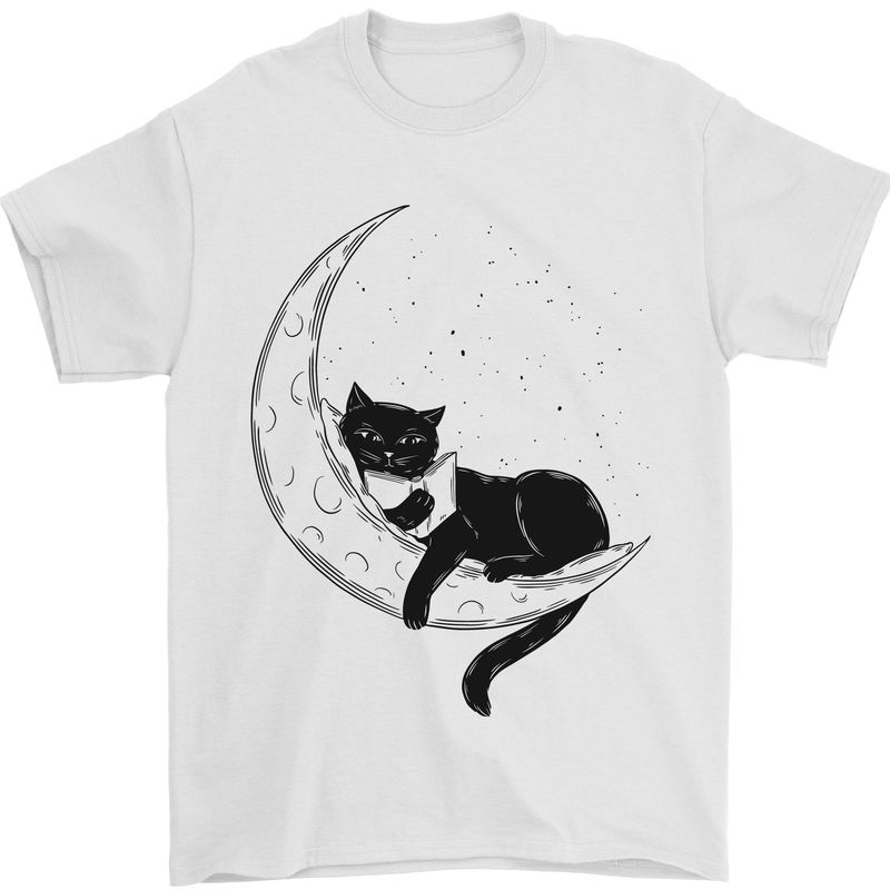 A Cat Reading a Book on the Moon Mens T-Shirt 100% Cotton White