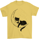 A Cat Reading a Book on the Moon Mens T-Shirt 100% Cotton Yellow