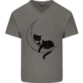 A Cat Reading a Book on the Moon Mens V-Neck Cotton T-Shirt Charcoal