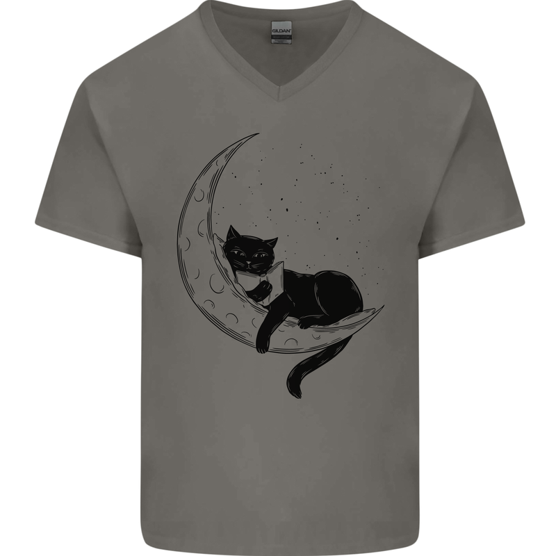A Cat Reading a Book on the Moon Mens V-Neck Cotton T-Shirt Charcoal