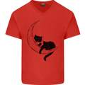 A Cat Reading a Book on the Moon Mens V-Neck Cotton T-Shirt Red