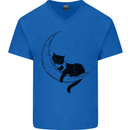 A Cat Reading a Book on the Moon Mens V-Neck Cotton T-Shirt Royal Blue