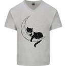 A Cat Reading a Book on the Moon Mens V-Neck Cotton T-Shirt Sports Grey