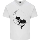 A Cat Reading a Book on the Moon Mens V-Neck Cotton T-Shirt White