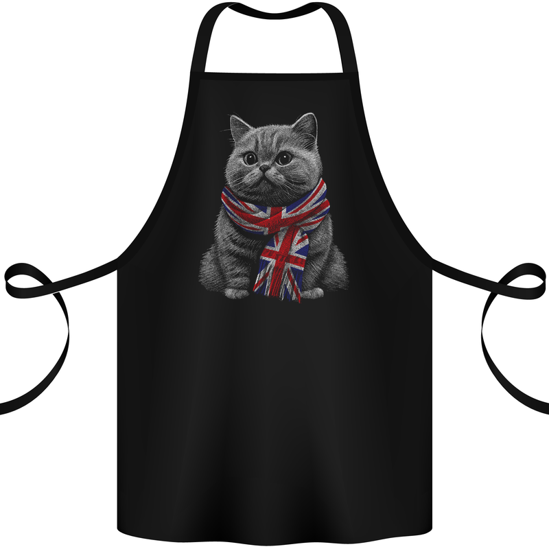 A Cat With a Union Jack Scarf Great Britain Cotton Apron 100% Organic Black