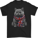 A Cat With a Union Jack Scarf Great Britain Mens Gildan Cotton T-Shirt Black