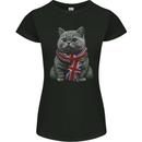 A Cat With a Union Jack Scarf Great Britain Womens Petite Cut T-Shirt Black