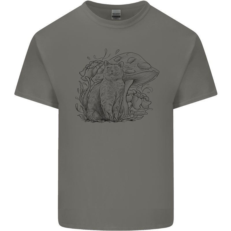 A Cat & Mushroom Foraging Ecology Nature Mens Cotton T-Shirt Tee Top Charcoal