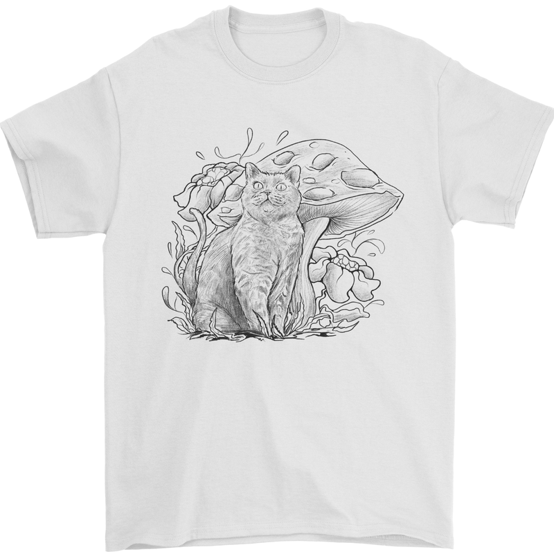 A Cat & Mushroom Foraging Ecology Nature Mens T-Shirt 100% Cotton White