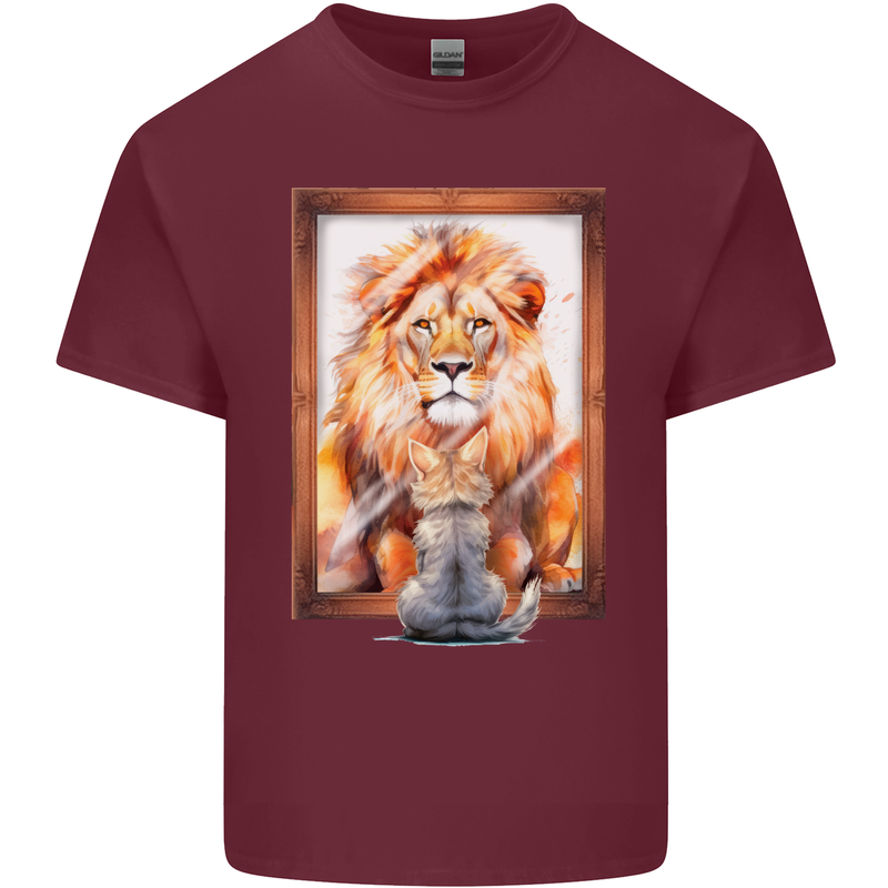 A Cat and Lion Mirror Reflection Mens Cotton T-Shirt Tee Top Maroon
