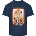 A Cat and Lion Mirror Reflection Mens Cotton T-Shirt Tee Top Navy Blue