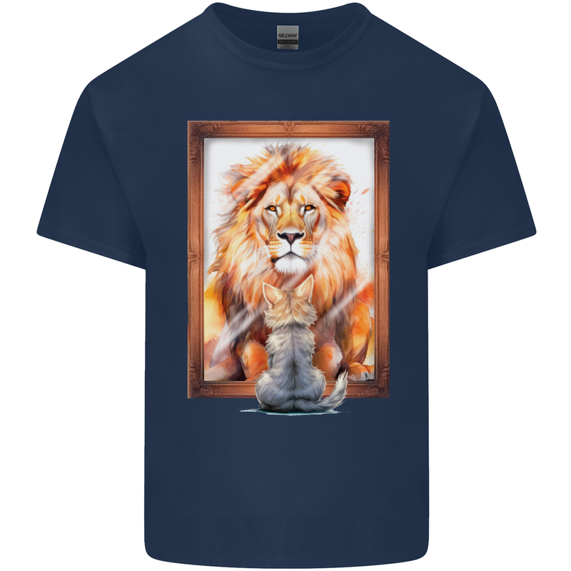 A Cat and Lion Mirror Reflection Mens Cotton T-Shirt Tee Top Navy Blue