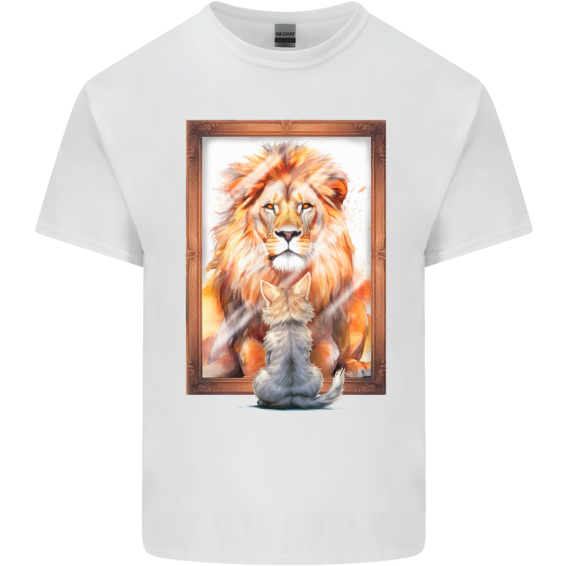 A Cat and Lion Mirror Reflection Mens Cotton T-Shirt Tee Top White