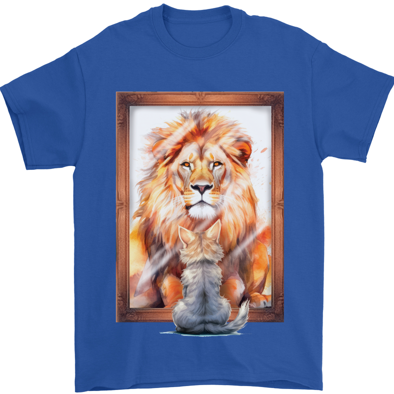 A Cat and Lion Mirror Reflection Mens T-Shirt 100% Cotton Royal Blue