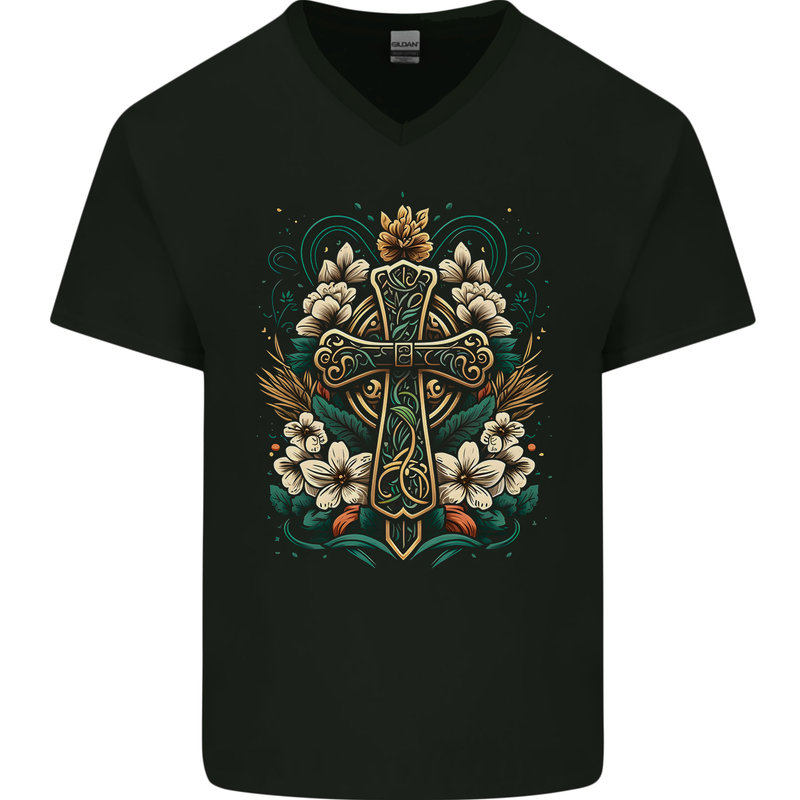 A Celtic Cross Mens V-Neck Cotton T-Shirt Black