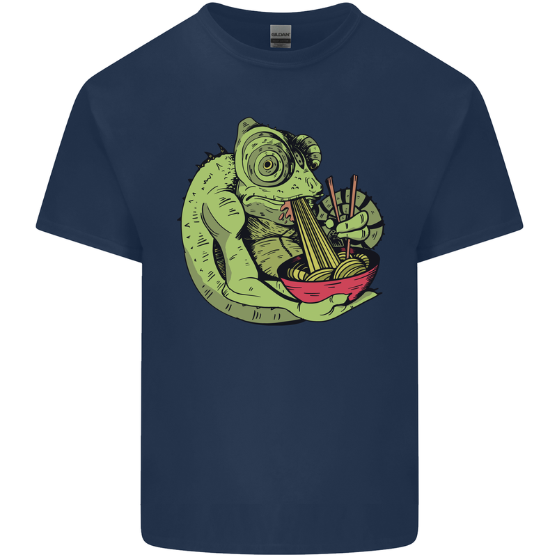 A Chameleon Eating Ramen Mens Cotton T-Shirt Tee Top Navy Blue