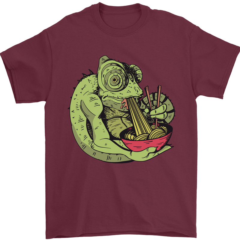 A Chameleon Eating Ramen Mens T-Shirt 100% Cotton Maroon