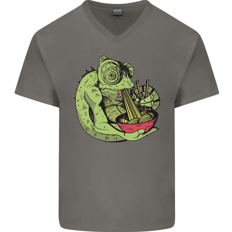 A Chameleon Eating Ramen Mens V-Neck Cotton T-Shirt Charcoal