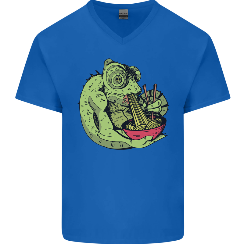 A Chameleon Eating Ramen Mens V-Neck Cotton T-Shirt Royal Blue