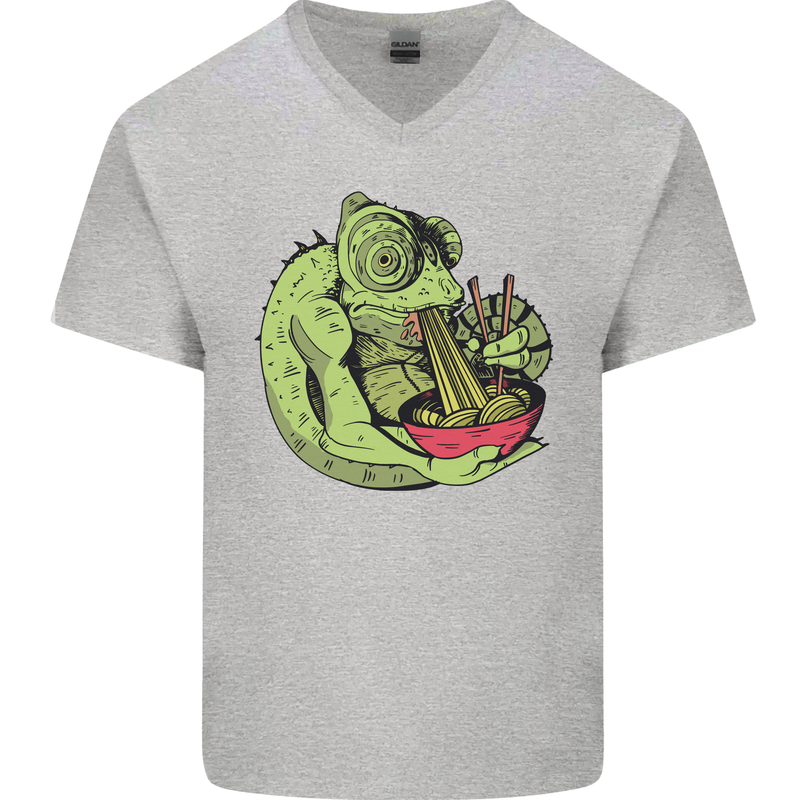 A Chameleon Eating Ramen Mens V-Neck Cotton T-Shirt Sports Grey
