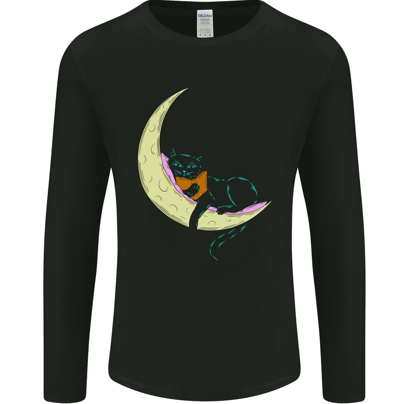 A Chilled Cat Reading a Book on the Moon Mens Long Sleeve T-Shirt Black
