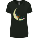 A Chilled Cat Reading a Book on the Moon Womens Wider Cut T-Shirt Black