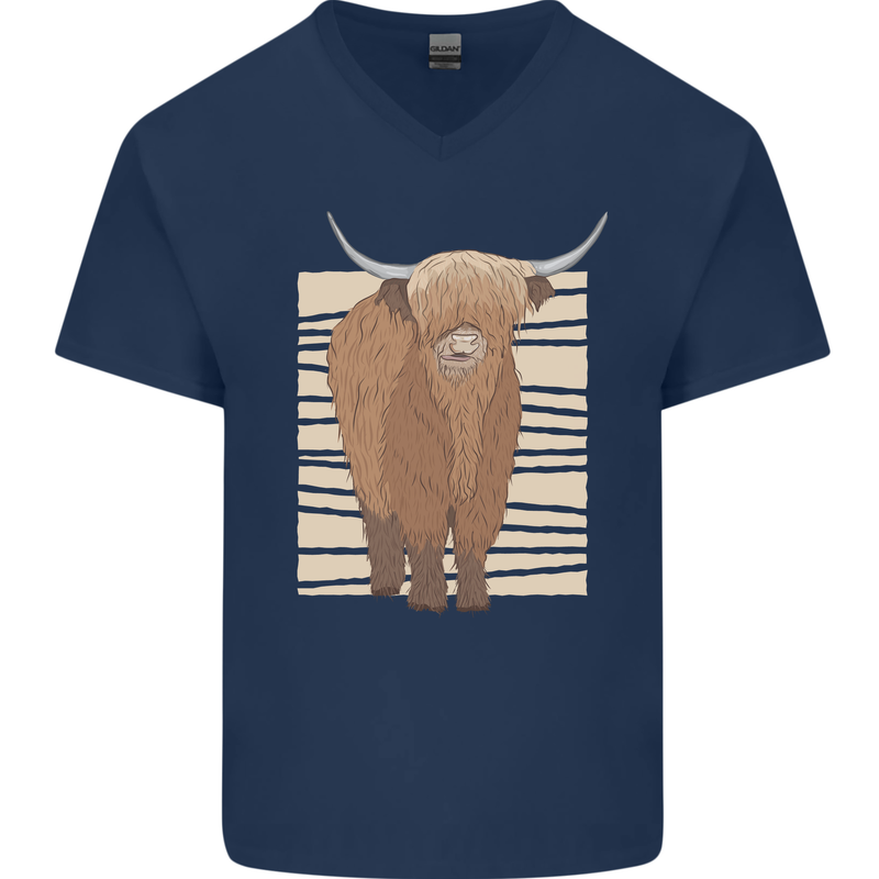 A Chilled Highland Cow Mens V-Neck Cotton T-Shirt Navy Blue