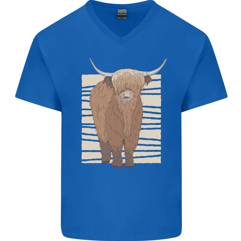 A Chilled Highland Cow Mens V-Neck Cotton T-Shirt Royal Blue