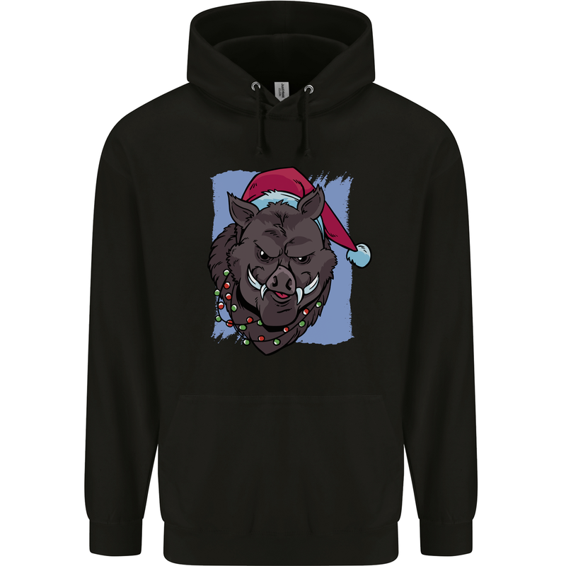 A Christmas Boar Wearing an Xmas Hat Pig Childrens Kids Hoodie Black
