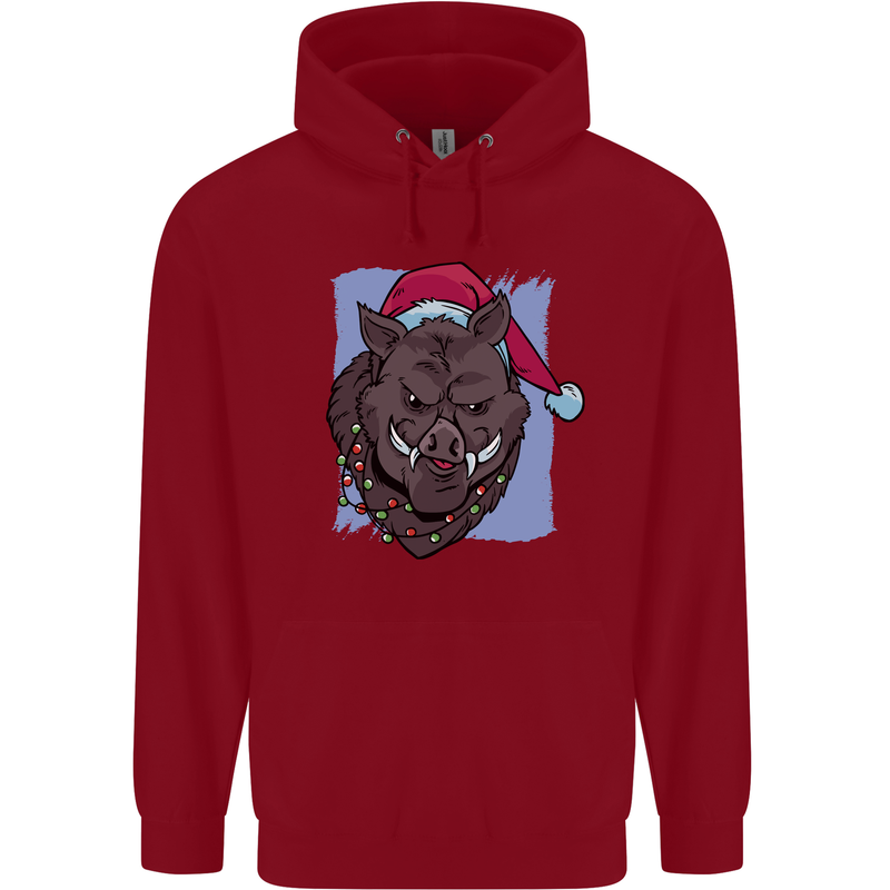 A Christmas Boar Wearing an Xmas Hat Pig Childrens Kids Hoodie Red