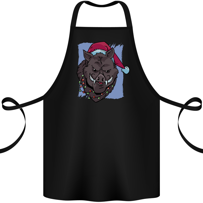 A Christmas Boar Wearing an Xmas Hat Pig Cotton Apron 100% Organic Black