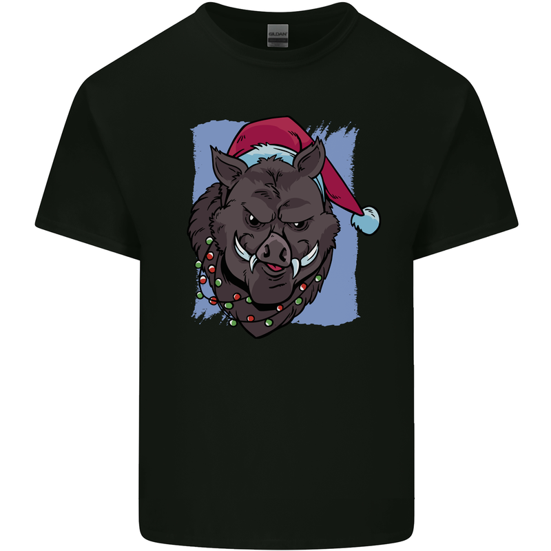 A Christmas Boar Wearing an Xmas Hat Pig Kids T-Shirt Childrens Black