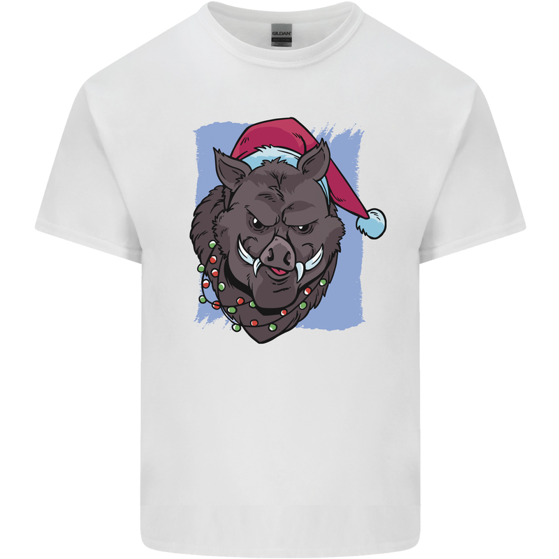 A Christmas Boar Wearing an Xmas Hat Pig Kids T-Shirt Childrens White