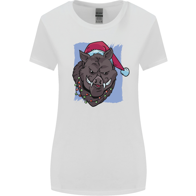 A Christmas Boar Wearing an Xmas Hat Pig Womens Wider Cut T-Shirt White