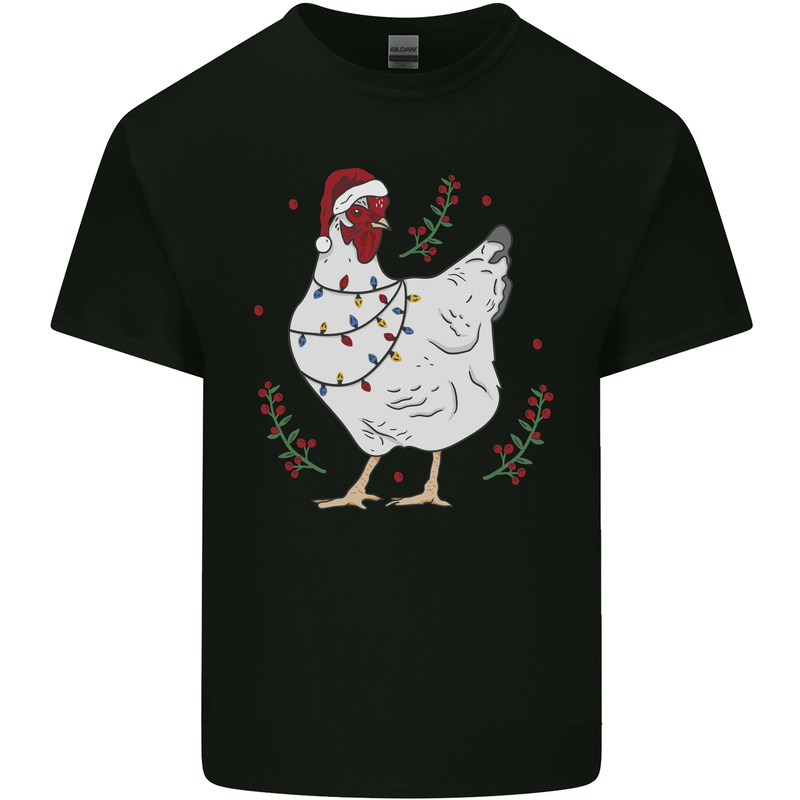 A Christmas Chicken Wearing an Xmas Hat Mens Cotton T-Shirt Tee Top Black