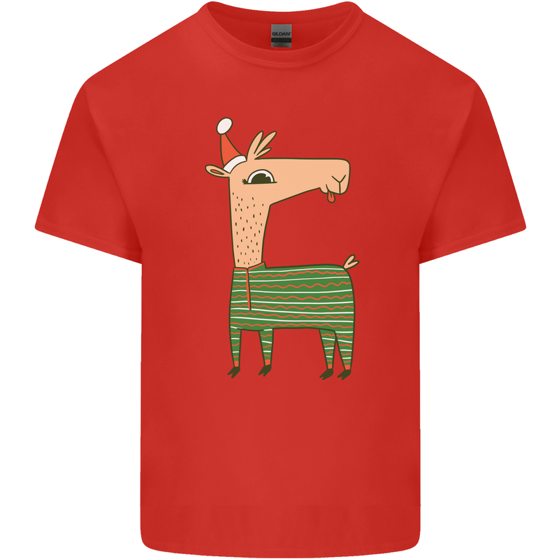 A Christmas Llama Wearing an Xmas Hat Mens Cotton T-Shirt Tee Top Red