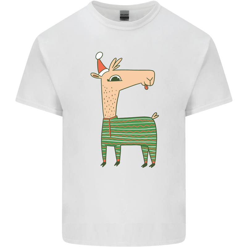 A Christmas Llama Wearing an Xmas Hat Mens Cotton T-Shirt Tee Top White