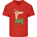 A Christmas Llama Wearing an Xmas Hat Mens V-Neck Cotton T-Shirt Red