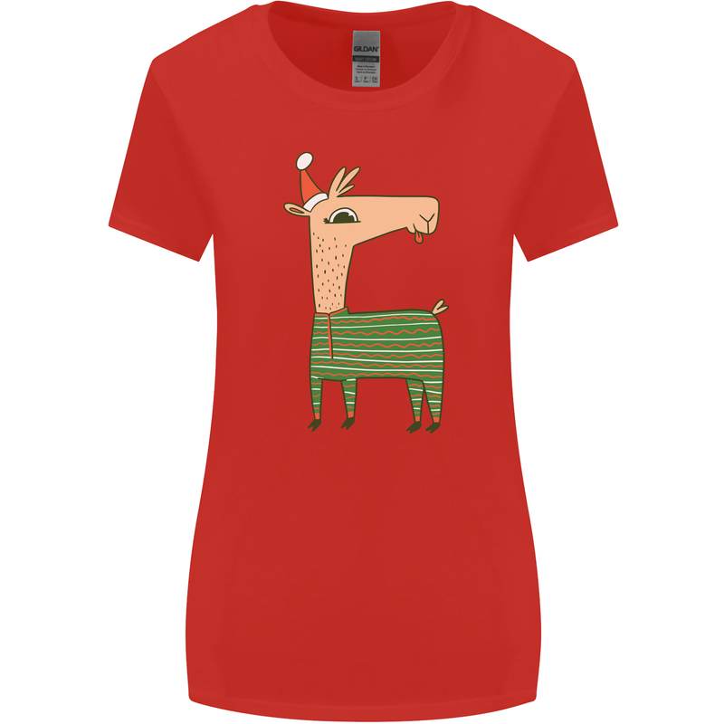A Christmas Llama Wearing an Xmas Hat Womens Wider Cut T-Shirt Red