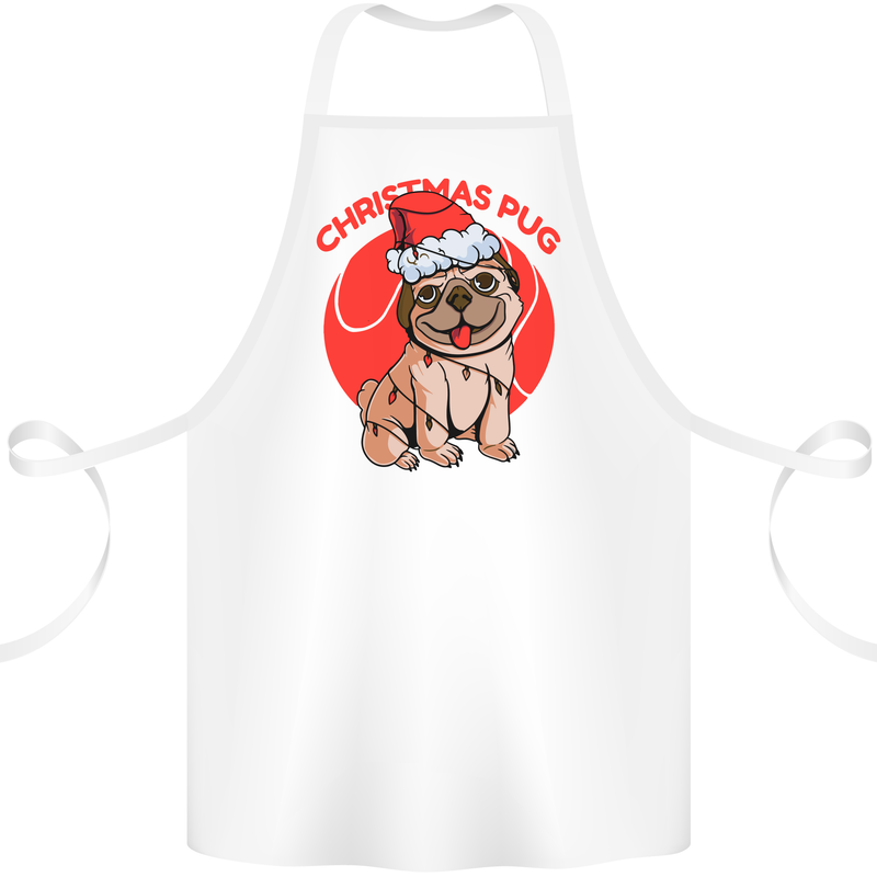 A Christmas Pug Wearing an Xmas Hat Cotton Apron 100% Organic White