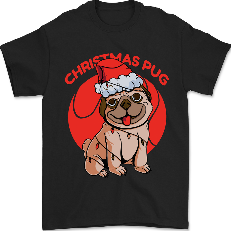 A Christmas Pug Wearing an Xmas Hat Mens T-Shirt 100% Cotton Black
